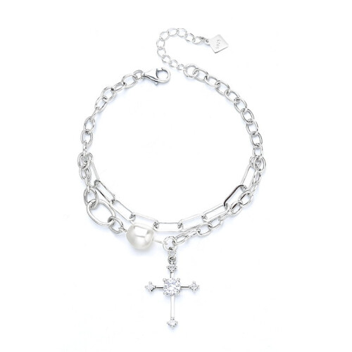 Sterling Silver Cross Pearl Double Layer Bracelet