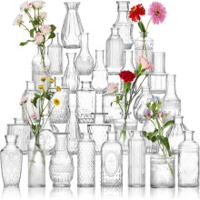 Glass Bud Vase Set of 32, Vintage Clear Mini Vases for Flowers, Centerpieces, Weddings & Events