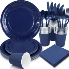 168 pièces de vaisselle bleu marine pour fête : assiettes, serviettes, gobelets, couverts – pour baptême, anniversaire, remise de diplômes