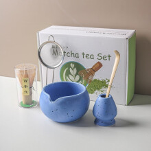 5-piece set of Japanese tea ceremony matcha utensils, including Baiben standing tea whisk, glazed tea bowl, tea scoop, tea towel storage bag (blue)