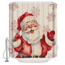 Zasłona prysznicowa Vintage Christmas 60"x72", Święty Mikołaj i płatki śniegu, wodoodporna, zmywalna, wygląd lnu, zawiera 12 haczyków