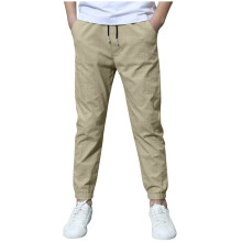 Pojkarbyxor, Byxor Pojkar Linne Joggingbyxor Med Dragsko Bekväma Resårmidja För Sommaren, Uniformbyxor För Pojkar, Z01Khaki, 8-9 År