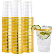 100 Pack 12 oz Gold Rimmed Plastic Cups, 12 Ounce Clear Plastic Tumblers, Heavy-duty & Fancy Disposable Hard Cups with Gold Rim for Wedding