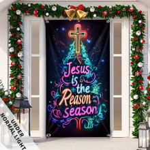 Décoration de porte Croix de Noël 70,8 x 35,4 po – Bannière de la Nativité « Jésus est la raison », décoration intérieure/extérieure pour