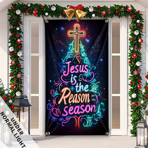 Capa de porta com cruz de Jesus de 70,8 x 35,4 polegadas – Estandarte de Natal "Jesus é a Razão", decoração natalina para ambientes internos e