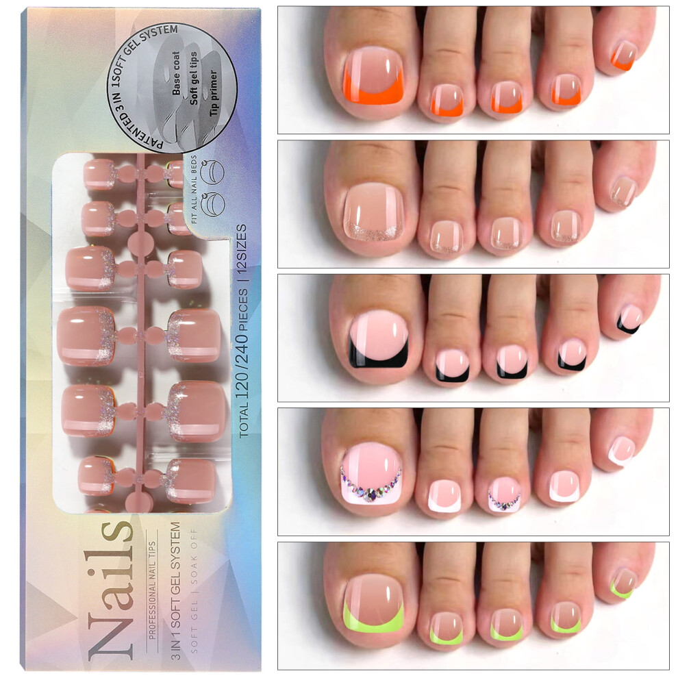 120PCS French Gel Toenail Tips French Tips Press on Nails 12 Sizes Fake Nails False Toe Nail Wearable Tips for Nail Art DIY