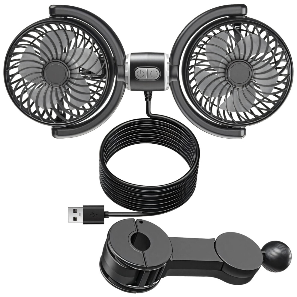 Dual Usb Car Fan For Backseat, 3-Speed, 360 Rotatable, Quiet, Compatible With Cars, Trucks, Autos Black 9399596089348