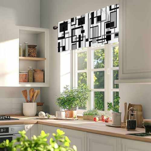 Cortina geométrica preta 42x12 polegadas com bolso para varão branco e cinza. 2