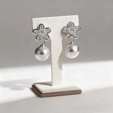 S925 Sterling Silver Flower Pearl Drop Earrings, Blossom Design with Round Cultured Pearl, Elegant Wedding Ceremony Earrings for Women