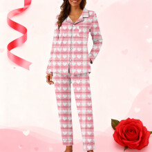 Kvinders Valentinsdag-pyjamassæt med print og lommer, 1 top + 1 bukser, langærmet, krave, hjemmetøjssæt, afslappet, komfortabelt nattøjsoutfit