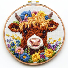 DIY Punch Needle Kit: Little Highland Cow in Flowers – Easy for Beginners, Printed Pattern & Hoop (20x20cm), Home Decor