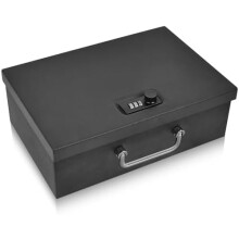 Portable fireproof document box with 3-digit combo lock—safe for documents, passport, cash, tablet; compatible with travel & home use.