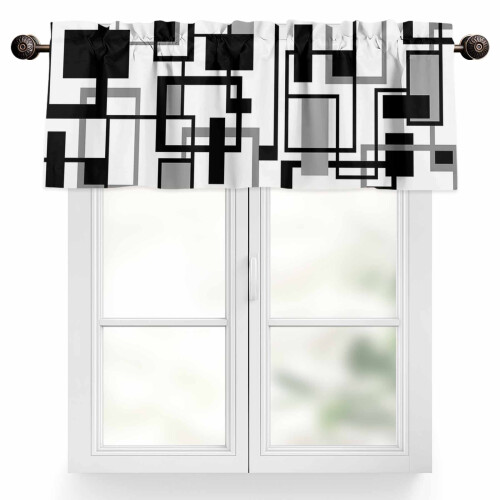 Cortina geométrica preta 42x12 polegadas com bolso para varão branco e cinza.