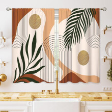 Oolygo Boho Abstract Kitchen Curtains, Mid-Century Leaf Design, Brown Geometric Cafe Tier Curtains (27.5x39"), Compatible with Bathroom, Dining &