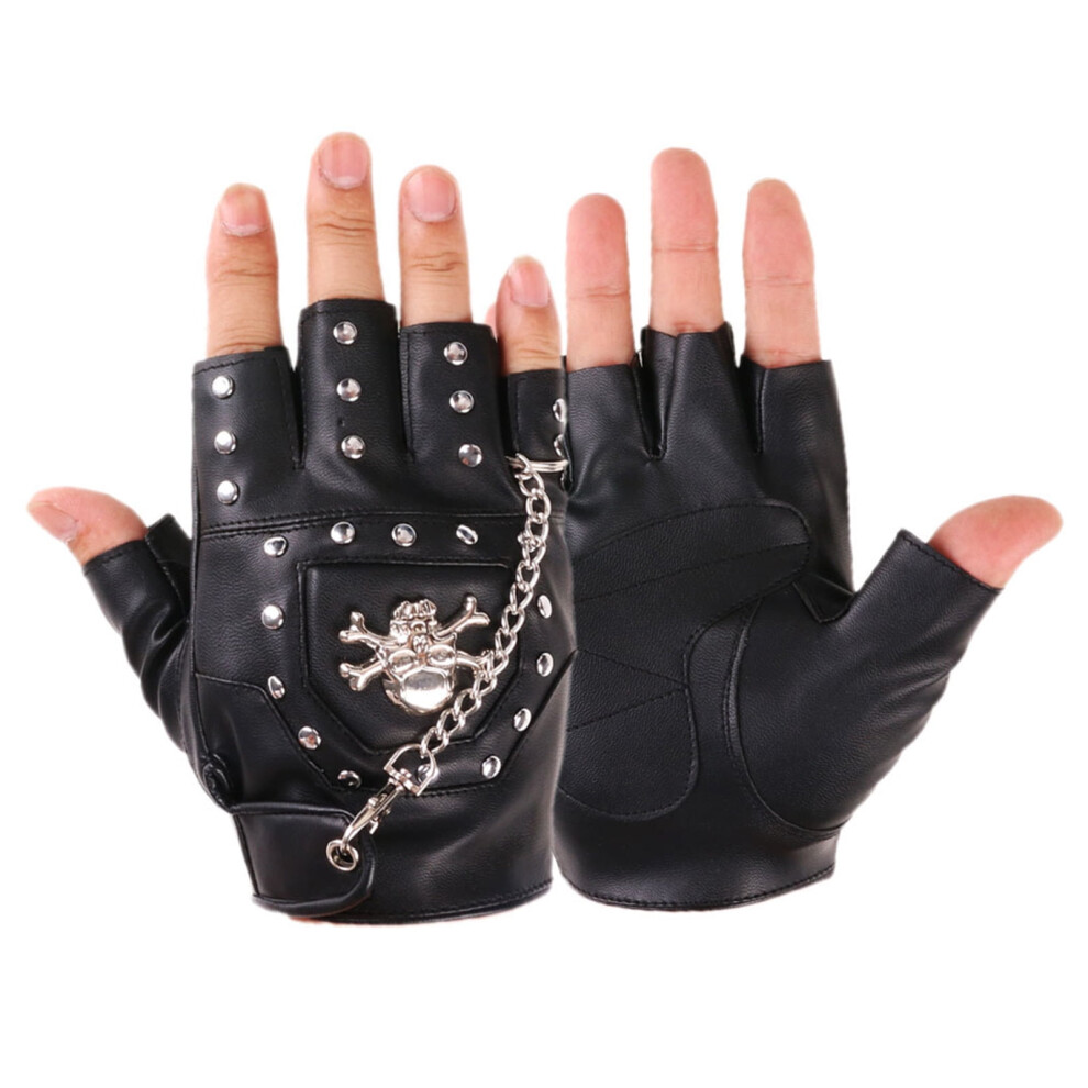 Punk Fingerless Cycling Gloves Pu Leather Half Finger Gloves Metal Rivets Skull Chain Decors For Men Motorcycles Dark 9399596089607