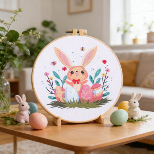 Embroidery Kit for Beginners – Easter Bunny & Eggs Pattern, Hoop, Threads, Needles, Instructions – Compatible with Easter Crafts & Home Decor 1