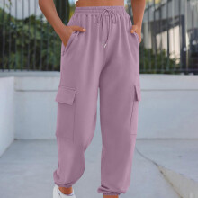 Calça Jogger Cargo Feminina Lisa - Calça Casual Solta com Punho Elástico, Cintura Ajustável com Cordão e Bolsos Laterais Cargo