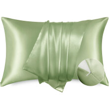 Taies d'oreiller en satin avec fermeture éclair, lot de 2, 51 x 66 cm, douces et soyeuses, taille standard pour les cheveux et la peau, vert sauge,