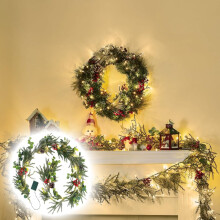 Guirlanda de eucalipto pré-iluminada de 1,8 m com 20 luzes LED, alimentada por bateria, com frutos silvestres, decoração de interiores para