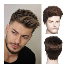 Synthetische pruik, korte pruiken voor mannen, bruin steil haar, herenpruik, natuurlijke hittebestendige vezels, pixie-cut pruik, gelaagde pruik voor