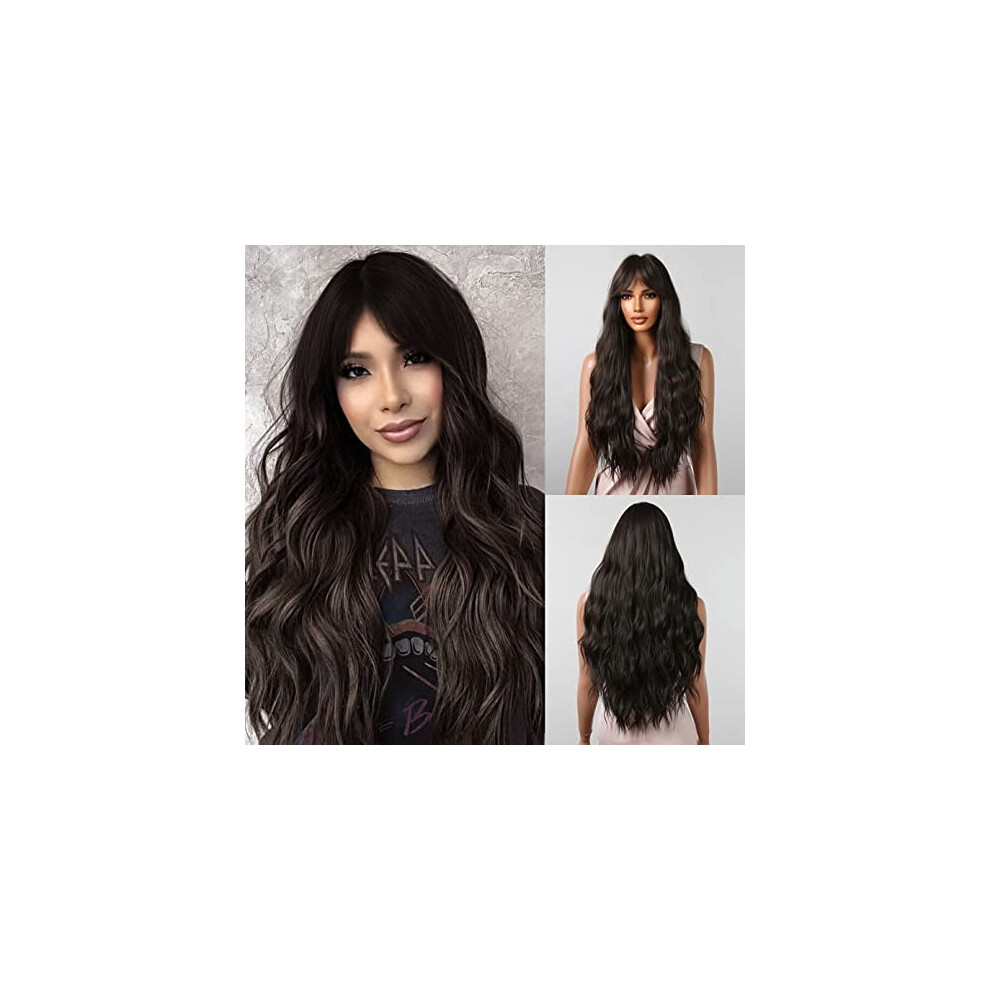 Brown wavy synthetic wig with bangs 28 inches