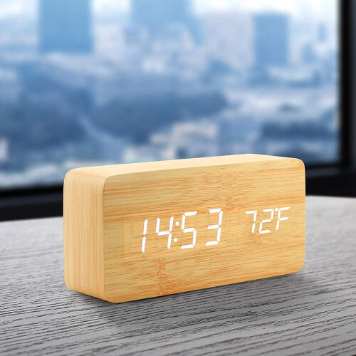 Multi-Function LED Alarm Clock with USB Power Supply, Voice Control, Timer, Thermometer - （Bamboo and wood white characters） 1