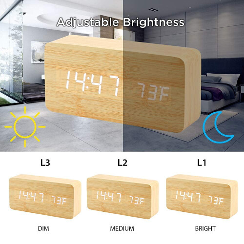 Multi-Function LED Alarm Clock with USB Power Supply, Voice Control, Timer, Thermometer - （Bamboo and wood white characters） 2