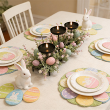 Paasarrangement met 3 kaarsen, geel groen en pastelkleurige eieren, metalen dienblad als tafeldecoratie voor het familiediner,