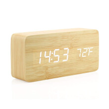 Multi-Function LED Alarm Clock with USB Power Supply, Voice Control, Timer, Thermometer - (Bamboo and wood white characters)