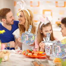 Spaarpot met paashaas-thema, kartonnen feestdecoratie met interactieve geldlade, voor lentefeesten en als creatief cadeau.