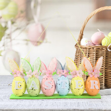 Paaseiversieringen, ornamenten, konijn, bloemen, letters, lentefeestartikelen, feestelijke tafeldecoratie voor thuis, vulling voor cadeaumanden,