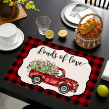 Decoratieve tafelbanner, Valentijnsdag placemat met rood rasterpatroon van een vrachtwagen in westernstijl, placemat/tafelkleed