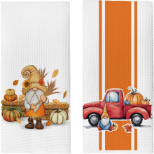 Lot de 2 torchons de cuisine d'automne – 40 x 60 cm, motif citrouilles « Bonjour l'automne », compatibles avec une décoration de style ferme