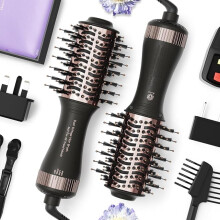 2025 4-in-1 Dual Voltage Travel Hair Dryer Brush – Mini Hot Air Straightener & Curler with Titanium Barrel(Black)