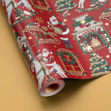 Rouleau de papier cadeau réversible de Noël : Père Noël argenté métallisé sur cheval blanc et motif or massif – 43 cm x 10 m, mini