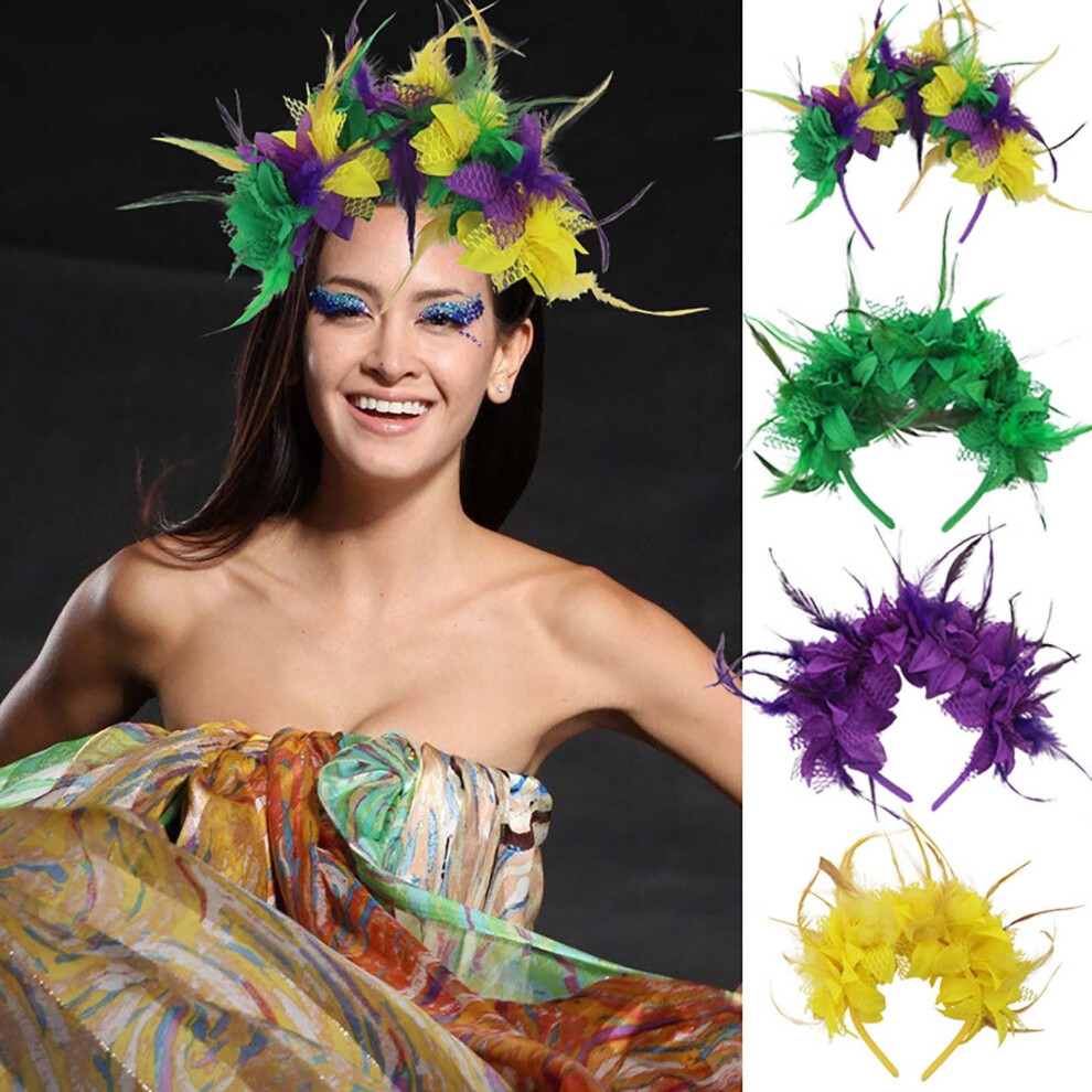 Unisex Carnival Feather Headband With Flowers, Retro Festival Hair Accessories For Women, Party Headpiece For Mardi Gras Cosplay (1 Count)
