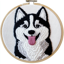 Cartoon Baby Husky Punch Needle Kit for Beginners – DIY Yarn Embroidery Set with Printed Pattern, Hoop & 20x20cm Canvas – Compatible with Standard