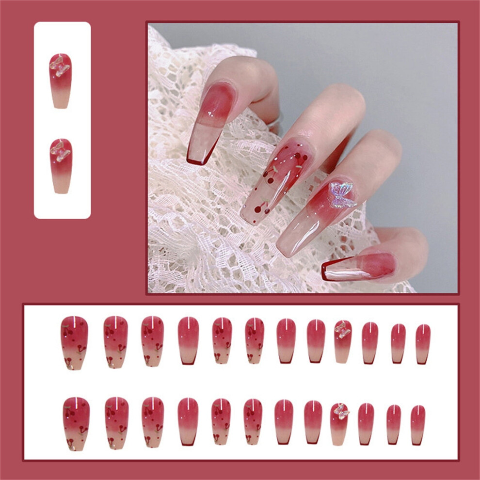 24Pcs Press On Nails French Heart And Bowknot Pattern 3D Fake Nails Pieces With Glue 1ml