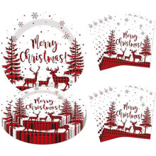 White Christmas Paper Plates & Napkins, Elk & Tree Theme, Disposable Tableware for Holiday & New Year Party Decor – Compatible with Standard Sizes