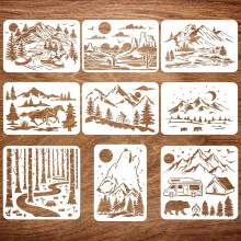 9-Piece Large Landscape Stencil Set (8.3x11.7"–11.8x11.8") – Mountains, Wolves, Horses, Houses, Bears & More; Compatible with Spray Painting