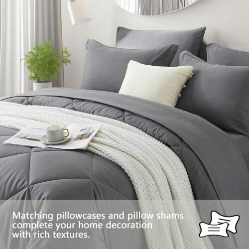 Queen 7-Piece Microfibre Comforter Set Dark Grey 1