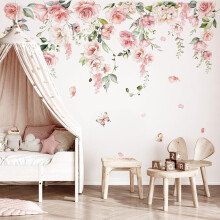 Veggklistremerker med rosa blomster, vinranke, blomsterdekorasjon til barnerom