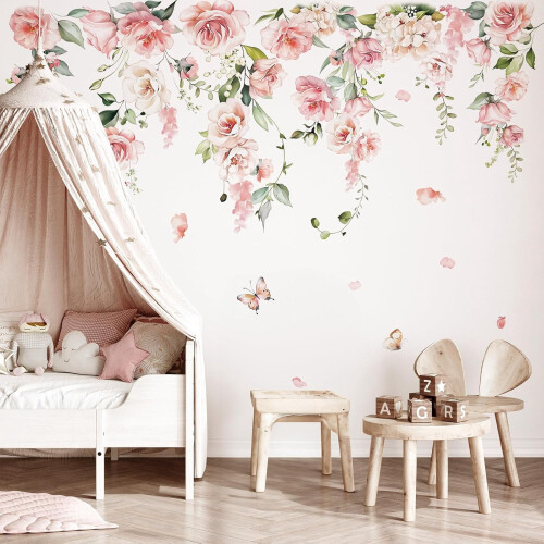 αυτοκόλλητα τοίχου με ροζ λουλούδια και λουλούδια αμπέλου, διακόσμηση παιδικού