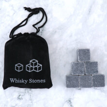 Whiskey Stones Gift Set – 6 Reusable Soapstone Cubes with Velvet Pouch, Compatible with Whiskey, Cocktails & Beverages