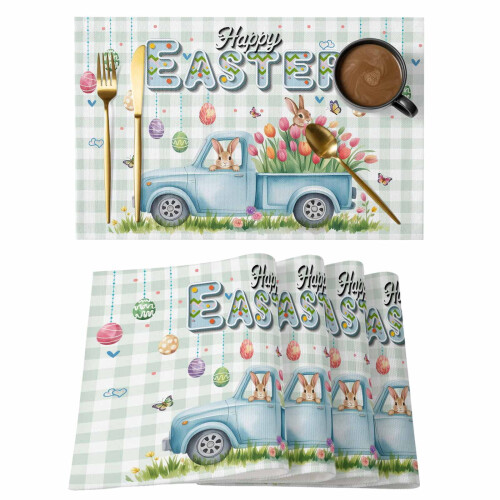 Set van 4 placemats met turquoise konijn en tulp.