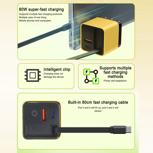 2 συσκευασίες Φορτιστής τοίχου 80W με καλώδιο USB C και 2 θύρες USB Γρήγορη φόρτιση για 2