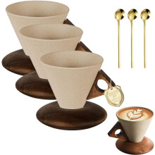 Elegant 250ml Conical Coffee Cup with Wooden Base & Saucer Set – Vintage Retro Design for Home, Restaurant, Office