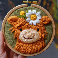 Sødt orange Highland Daisy-broderisæt til begyndere, gør-det-selv-garnbroderisæt med trykt mønster og bøjle (20x20 cm), kompatibel med standard