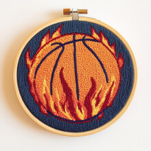 DIY Punch Needle Kit: Basketball in Fire Design, Easy for Beginners, Includes Hoop & Yarn – 20x20cm Embroidery Set