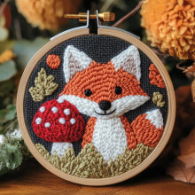 Uroczy zestaw igieł do haftu „Red Fox Mushroom” dla początkujących – zestaw do haftu włóczkowego DIY z nadrukowanym wzorem i tamborkiem
